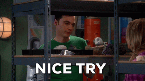 A Man In A Green Shirt Is Standing In Front Of A Shelf That Says " Nice Try " GIF