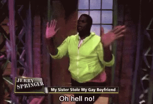 A Man In A Green Shirt Is Standing In Front Of A Window With His Arms Outstretched And Saying Oh Hell No . GIF