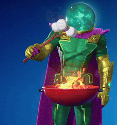 A Man In A Green Superhero Costume Is Holding Marshmallows And A Pot Of Fire GIF