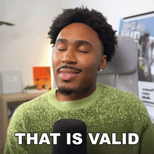 A Man In A Green Sweater Says " That Is Valid " GIF