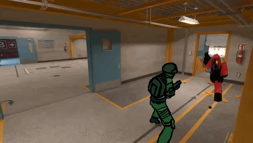 a man in a green uniform is standing in a room with a fire extinguisher and a sign that says b on it