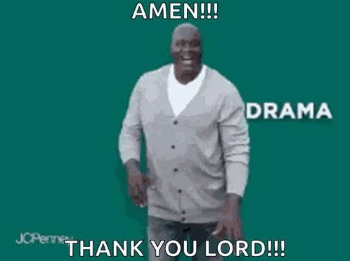 A Man In A Grey Cardigan Is Dancing With The Words Amen Anxiety Thank You Lord GIF