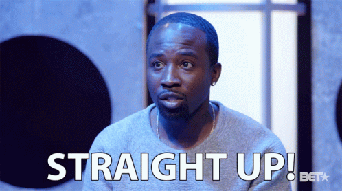 A Man In A Grey Shirt Says Straight Up In White Letters GIF