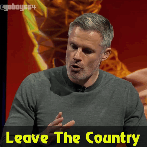 A Man In A Grey Sweater Says " Leave The Country " In Yellow Letters GIF