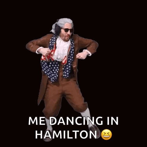 A Man In A Hamilton Costume Is Dancing With Headphones On . GIF