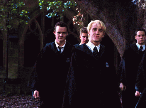 A Man In A Harry Potter Uniform Has A Crest On His Collar That Says ' Slytherin ' GIF