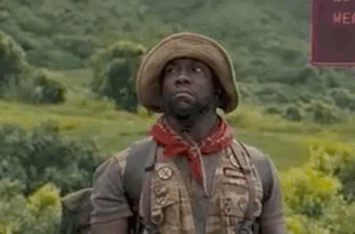 A Man In A Hat And Bandana Is Standing In A Field With The Words `` I Hate This Game '' Written Above Him . GIF