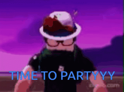 A Man In A Hat And Glasses Says Time To Partyyy GIF