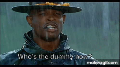 A Man In A Hat And Raincoat Is Asking Who 'S The Dummy Now . GIF