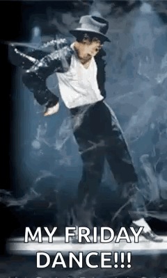 A Man In A Hat Is Dancing On A Stage With The Words `` My Friday Dance ! '' GIF