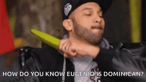 A Man In A Hat Is Holding A Green Object In His Hand And Says How Do You Know Eugenio Is Dominican . GIF