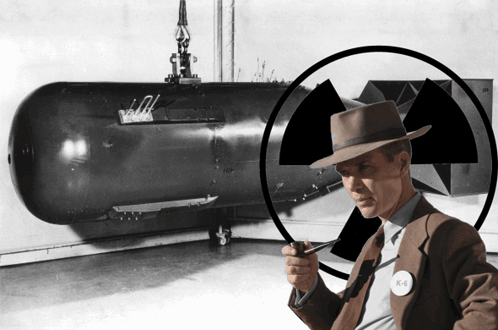 A Man In A Hat Is Holding A Magnifying Glass In Front Of A Nuclear Symbol And A Bomb GIF