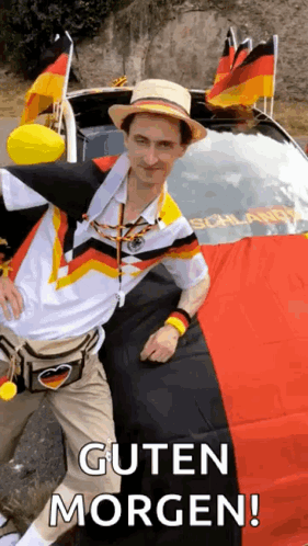 A Man In A Hat Is Standing Next To A Car With A German Flag On The Back . GIF
