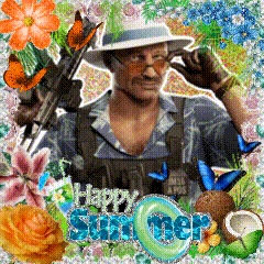 A Man In A Hat Is Surrounded By Flowers And Butterflies With The Words Happy Summer Written In Blue GIF