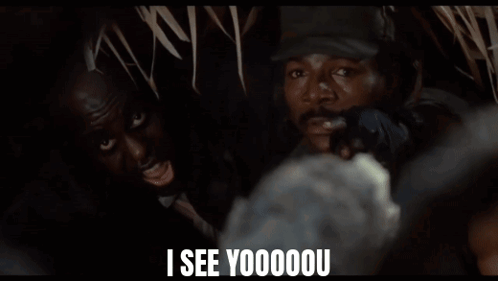 A Man In A Hat Says " I See Yoooou " In Front Of A Group Of People GIF