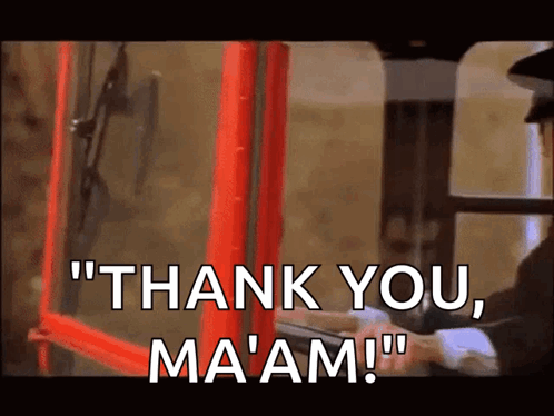 A Man In A Hat Says " Thank You Ma 'Am " In Front Of A Red Phone Booth GIF