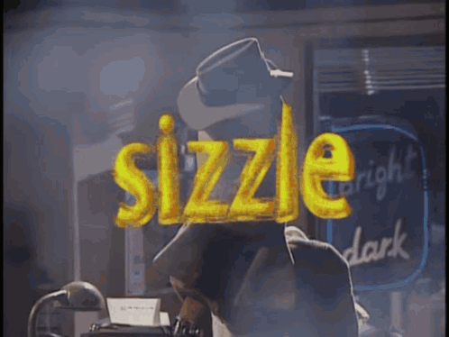 A Man In A Hat Stands In Front Of A Neon Sign That Says Sizzle GIF