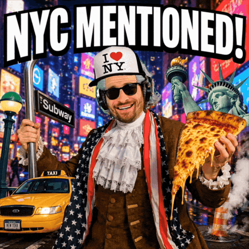 A Man In A Hat That Says I Love Ny Holds A Slice Of Pizza GIF