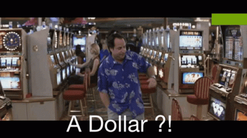 A Man In A Hawaiian Shirt Is Dancing In A Casino With The Words A Dollar ? GIF