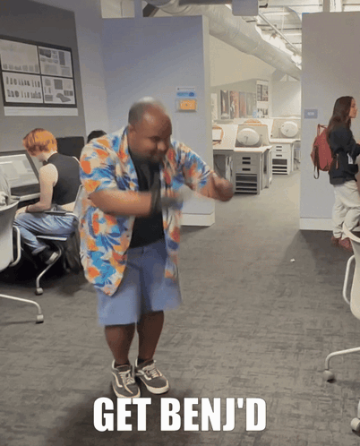 Man In Hawaiian Shirt Dancing With Get Benj Text GIF