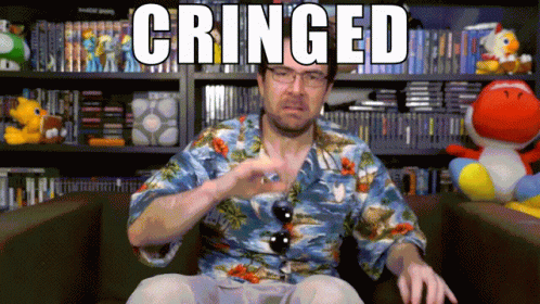A Man In A Hawaiian Shirt Is Sitting In Front Of A Bookshelf With The Word Cringed Above Him GIF