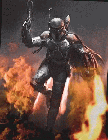 A Man In A Helmet Is Holding A Gun In Front Of A Fire Background GIF
