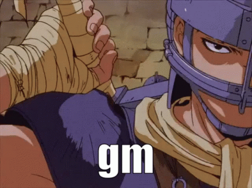 A Man In A Helmet Is Holding A Sword And The Word Gm Is On The Bottom GIF