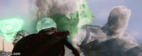 A Man In A Helmet Is Standing In Front Of A Green Explosion In A Movie . GIF