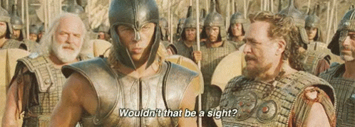 A Man In A Helmet Is Talking To Another Man In Armor In Front Of A Group Of Soldiers . GIF