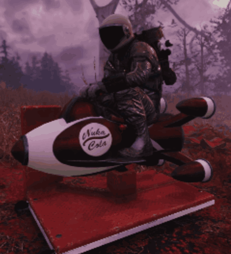 A Man In A Helmet Sits On A Red And White Rocket That Says Nuka Cola GIF