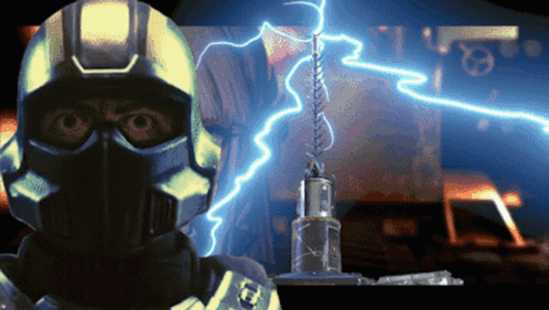A Man In A Helmet Stands In Front Of A Lightning Strike GIF