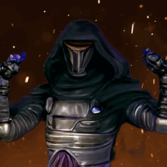 A Man In A Hooded Armor Stands In Front Of A Fire GIF