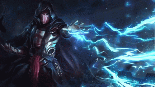 A Man In A Hooded Cape Is Holding A Lightning Bolt In His Hands GIF