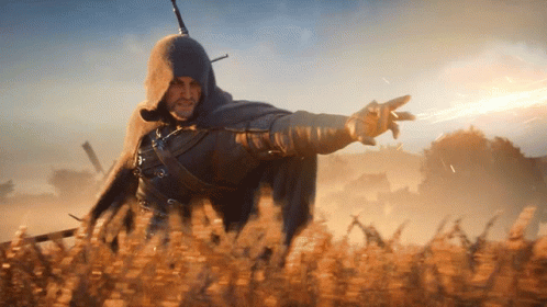 A Man In A Hooded Cape Is Standing In A Field Pointing GIF