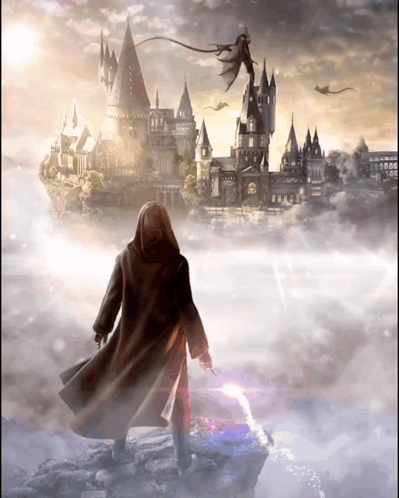 a man in a hooded cloak stands on a rock in front of a castle and dragons