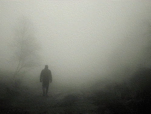 A Man In A Hooded Jacket Is Walking Through The Fog GIF