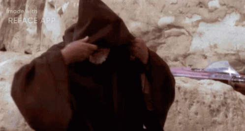 A Man In A Hooded Robe Is Standing In Front Of A Rock Wall . GIF