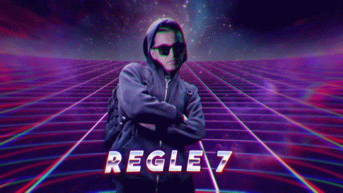A Man In A Hoodie And Sunglasses Is Standing In Front Of A Neon Grid With The Word Regel7 Written On It GIF