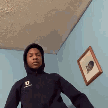 A Man In A Hoodie Is Standing In A Room Next To A Framed Picture . GIF