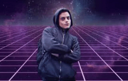 A Man In A Hoodie Is Standing In Front Of A Purple Grid With The Words Hackerman Written On It . GIF