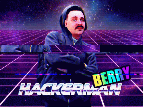A Man In A Hoodie Stands In Front Of A Grid With The Words Hackerman Berry GIF