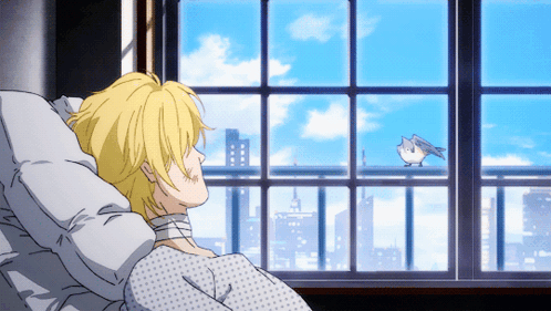 A Man In A Hospital Bed Looking Out A Window At A Bird GIF