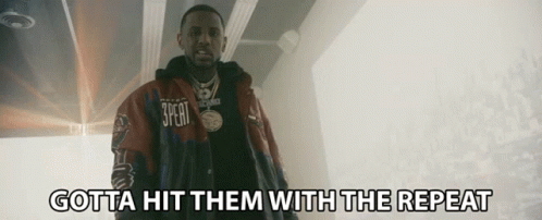 A Man In A Jacket With The Words Gotta Hit Them With The Repeat GIF
