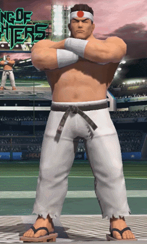 A Man In A Karate Outfit Stands With His Arms Crossed In Front Of A Sign That Says King Of Fighters GIF