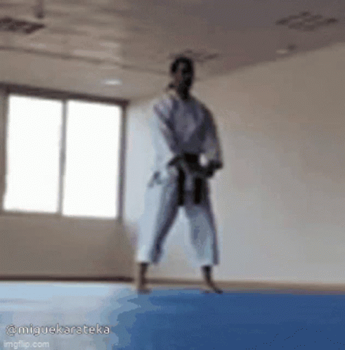A Man In A Karate Uniform Is Standing On A Blue Mat In A Gym . GIF