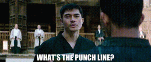 A Man In A Karate Uniform Is Talking To Another Man And Asking What 'S The Punch Line ? GIF