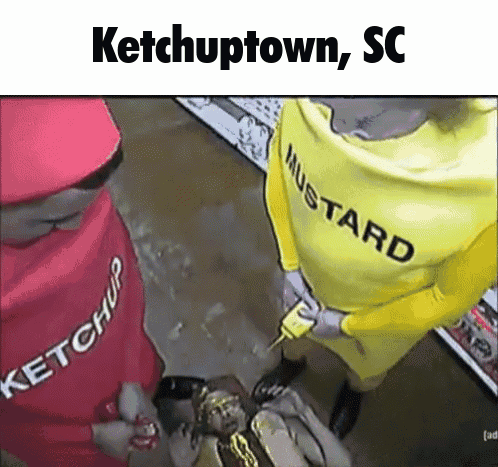 A Man In A Ketchup Costume And A Man In A Yellow Mustard Costume GIF