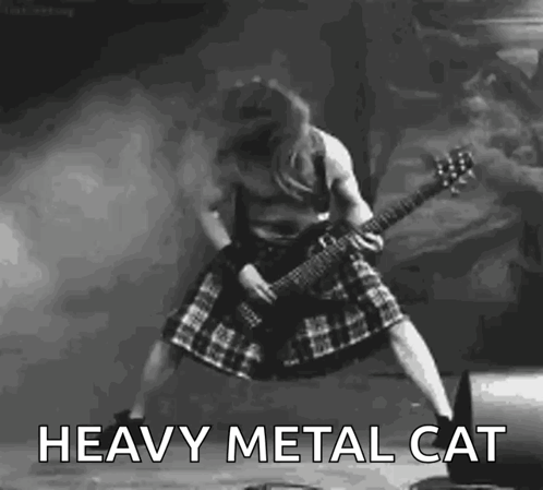 A Man In A Kilt Is Playing A Guitar In A Black And White Photo With The Words Heavy Metal Cat Below Him . GIF