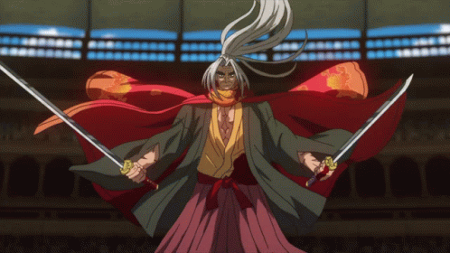A Man In A Kimono Holds Two Swords In His Hands GIF
