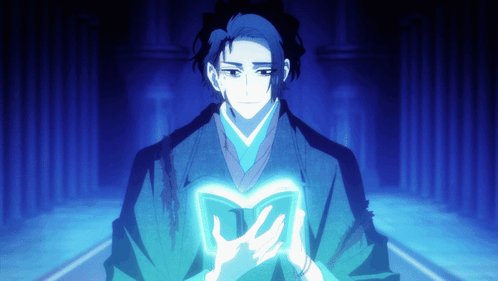 A Man In A Kimono Is Holding A Book With A Blue Light Coming Out Of His Hands GIF